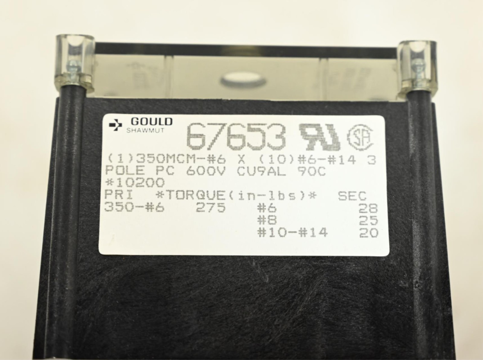 Gould Shawmut 67653 Power Block 350MCM-#6 X(10) #6-#14 3 Pole PC 600V CU9AL 90C