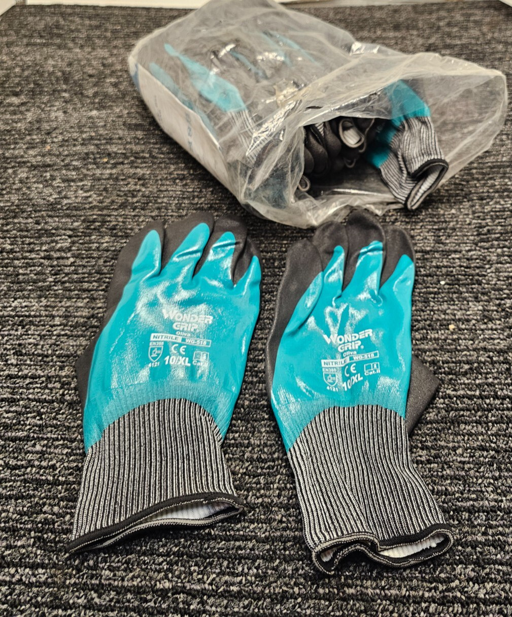 12 PAIRS Wonder Grip WG-518 NITRILE Oliva Gloves Size 10 / XL