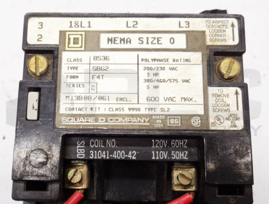 SQUARE D 8536 SBG2 /C CONTACTOR 8536 SBG2F4T W/ 31041-400-42 W/3 – B6.90