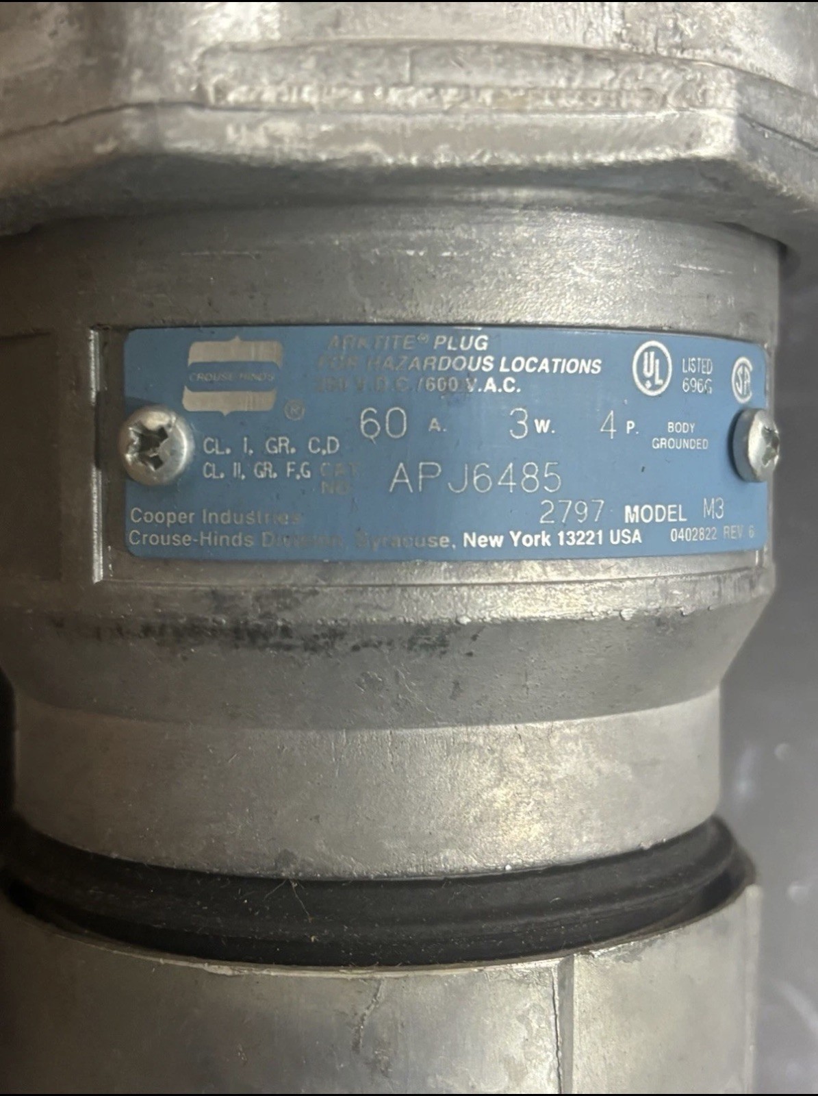 ARKTITE Plugs & Receptacles-Model M3, 30, 60 100 Amps IF1229 : Crouse Hinds