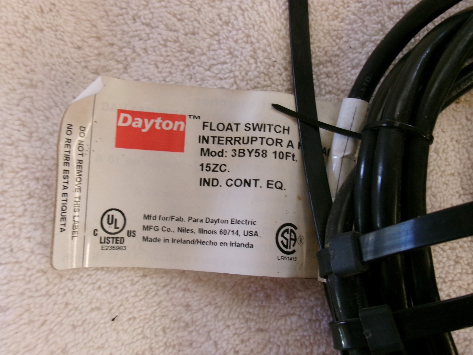 NEW Dayton Float Switch 10ft 115V 3BY58