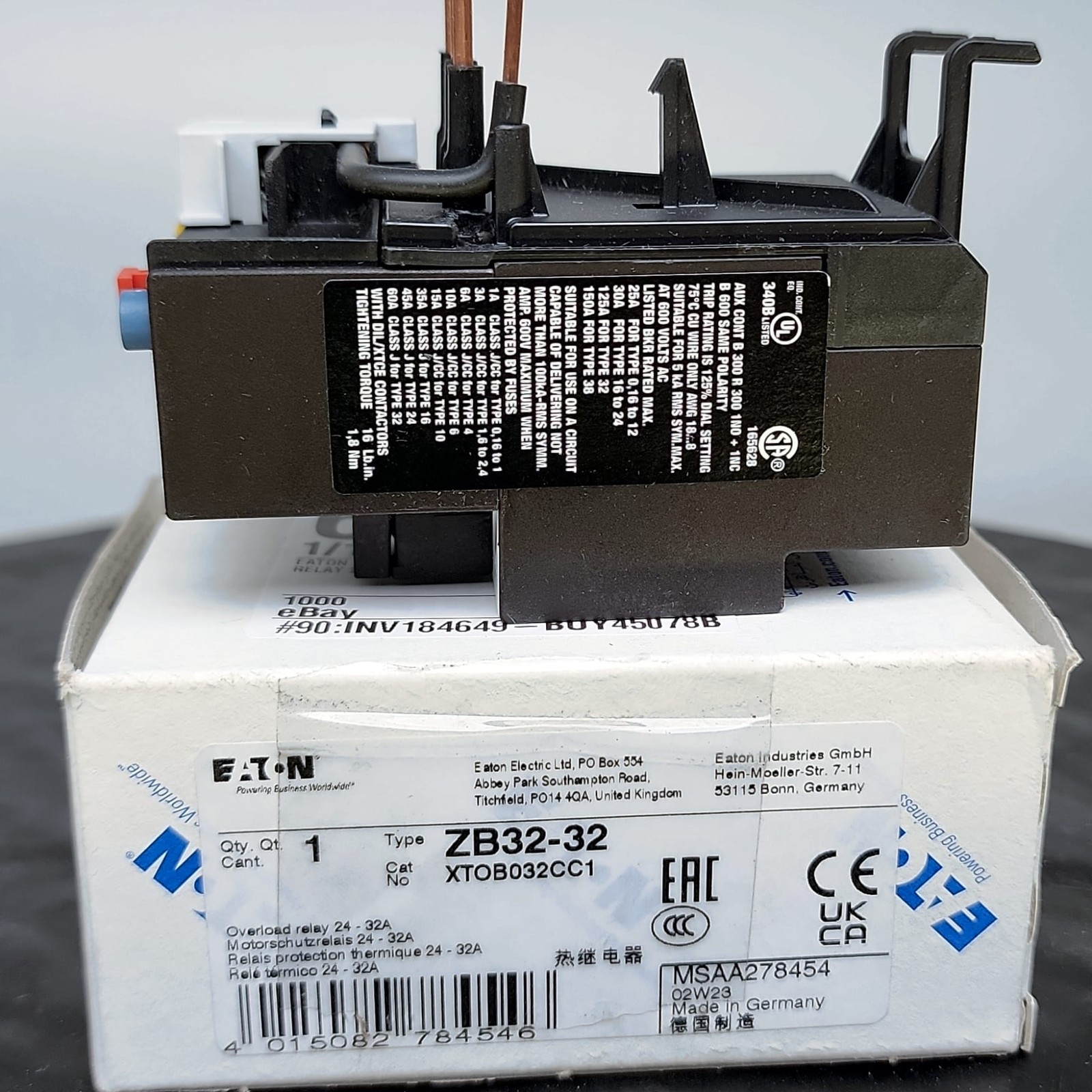EATON ZB32-32/XTOB032CC1 Thermal Overload Motor Relay 24-32A 1NO+1NC NIB ✅