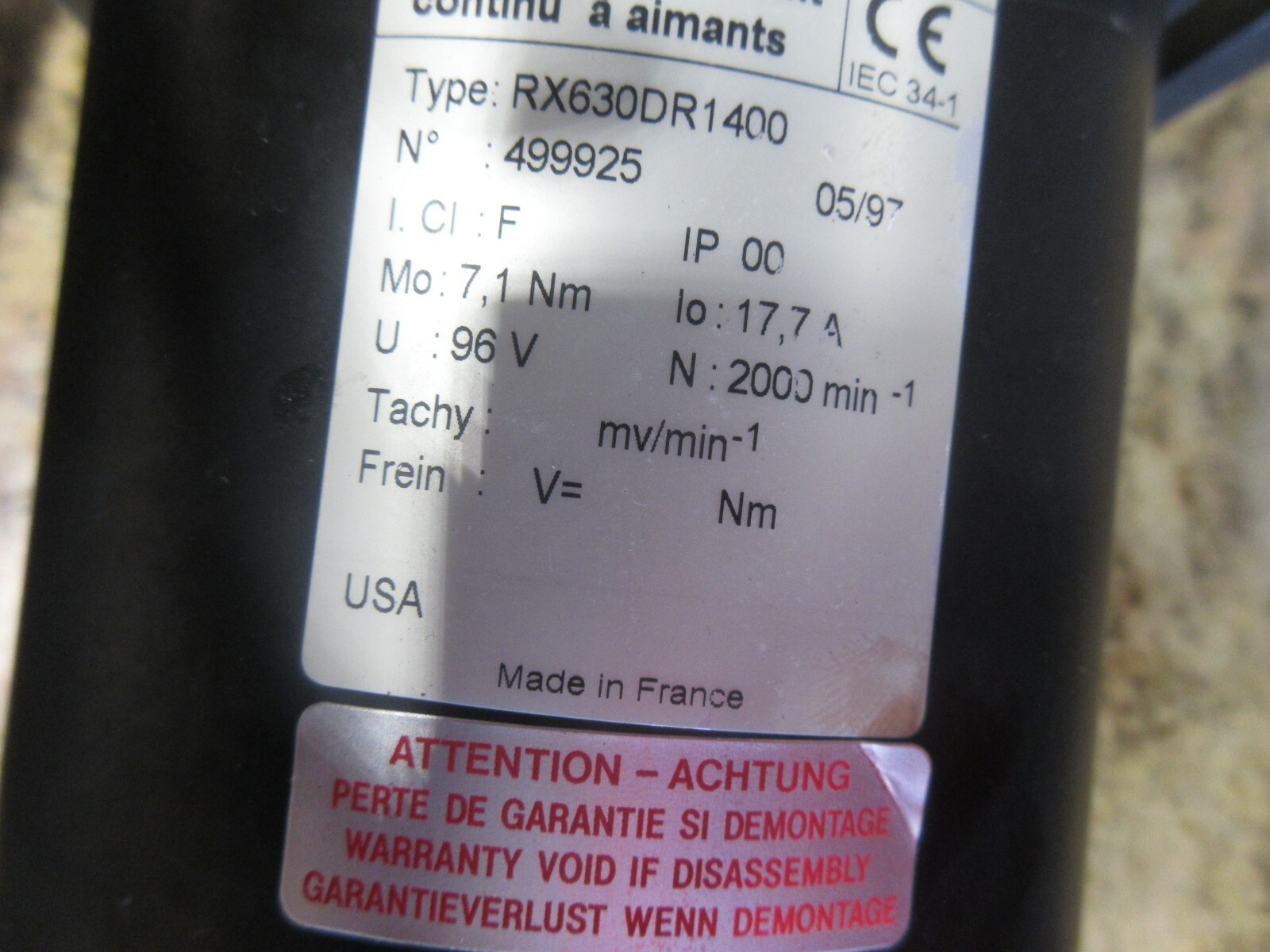PARVEX GEC ALSTHOM SERVO MOTOR RX630DR1400 845M-5S65LD3000R 12598229 EACH 1
