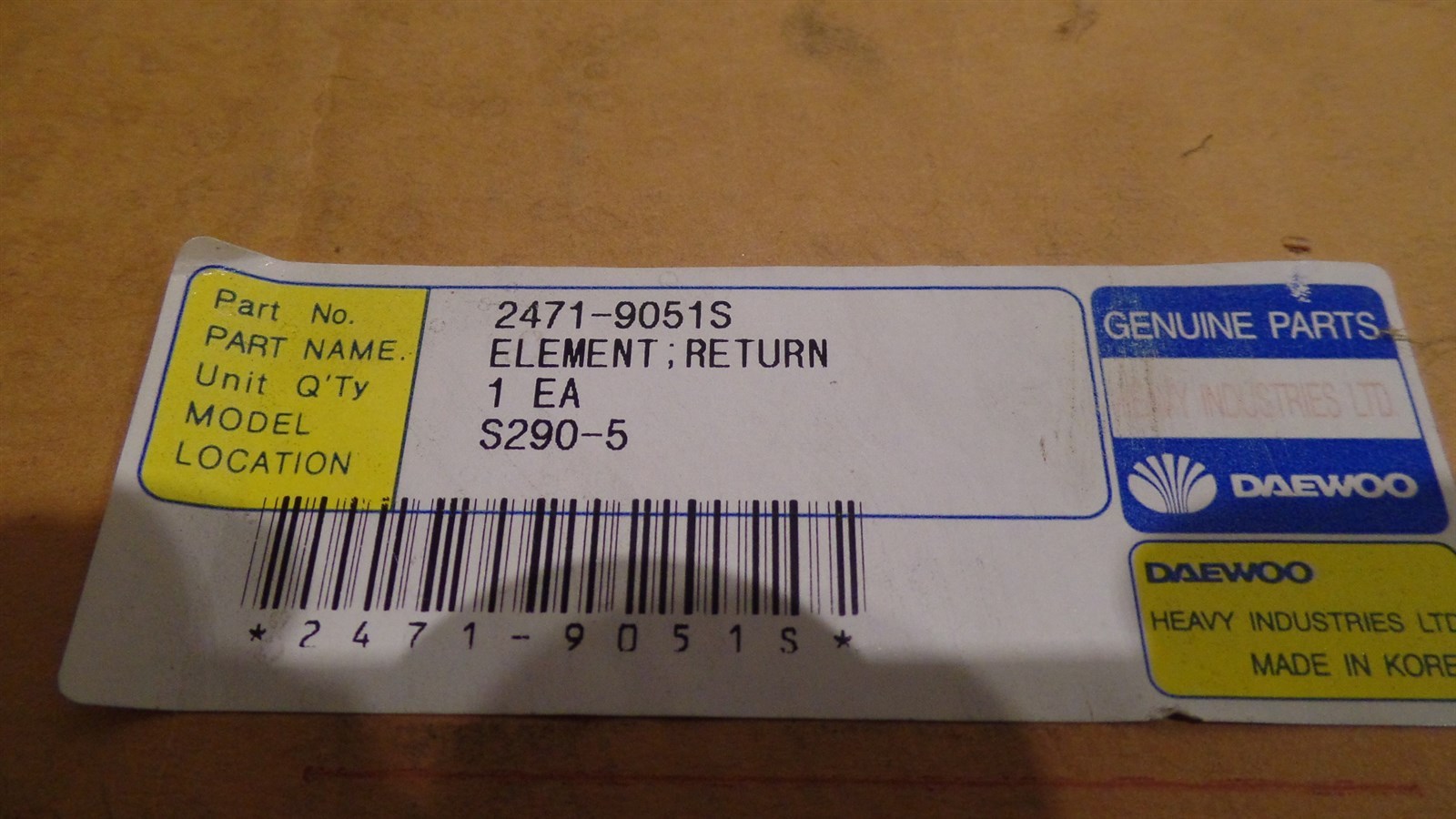 GENUINE DAEWOO RETURN FILTER CARTRIDGE ASSEMBLY 2471-9051S 24719051S, S290-5 NEW