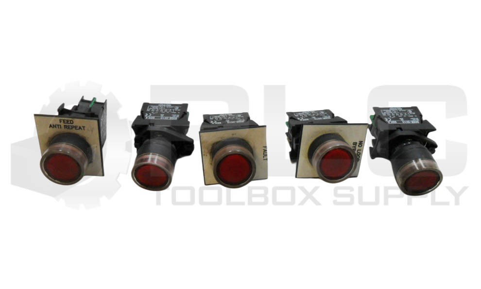 LOT OF 5 ALLEN BRADLEY 800E-3X10 /A W/ (5) 800E-3D0 /A W/ RED PUSH BUTTON