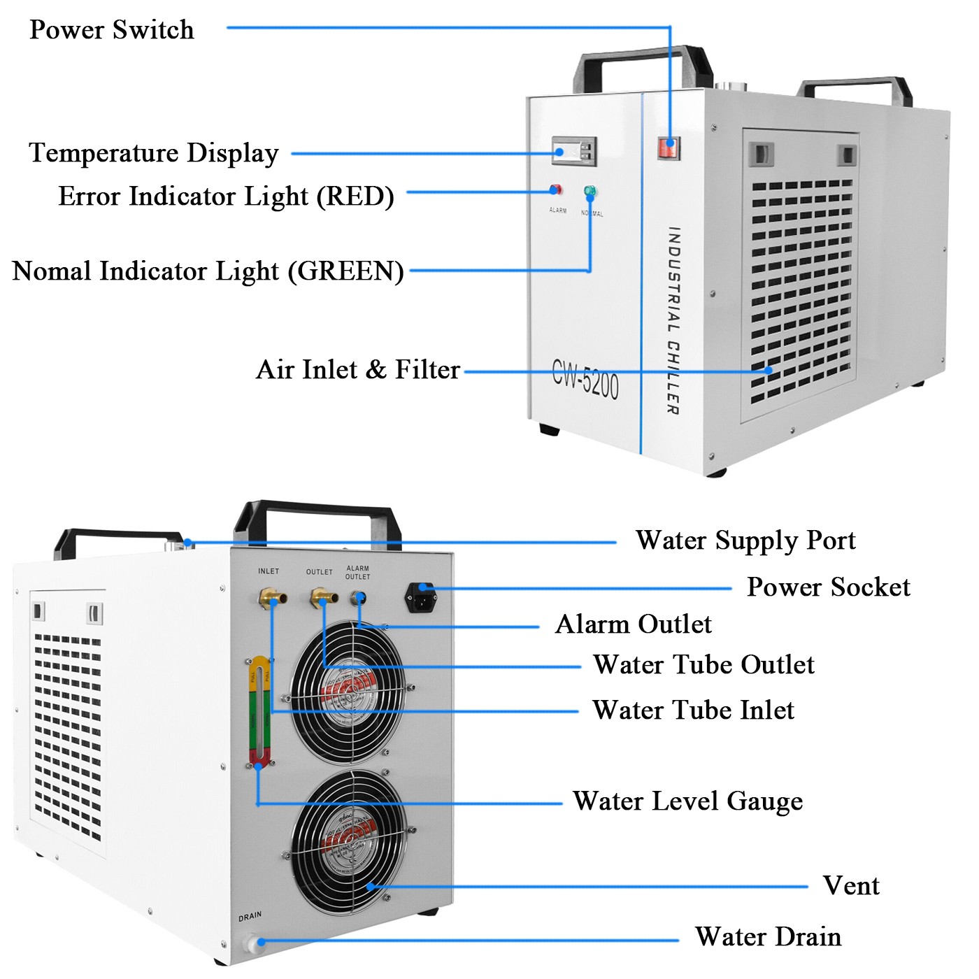 6L Industrial Water Chiller CW-5200 for 60W-150W CO2 Laser Engraving Machines US