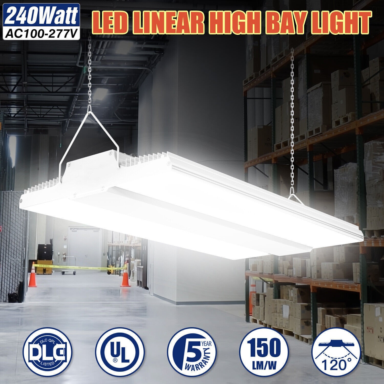 240W LED Linear High Bay Light 36,000LM Commercial Warehouse Shop Fixture 5000K