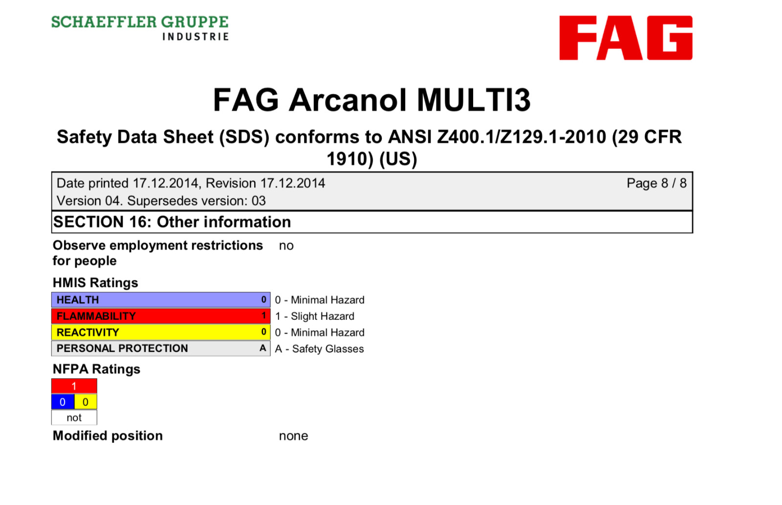 -22°F FAG MULTI3-1KG-E25B Arcanol Grease (-30°C.+120°C/ -22°F.+248°F) NLGI 3