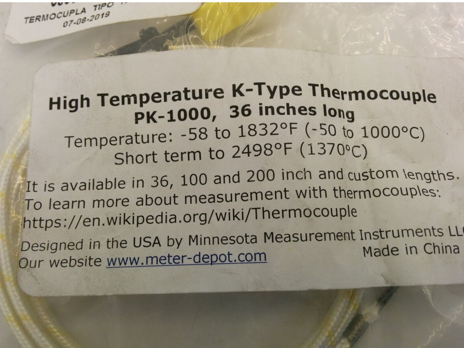 MINNESOTA MEASUREMENT PK-1000 K-TYPE THERMOCOUPLE , 36″ LONG, NIB