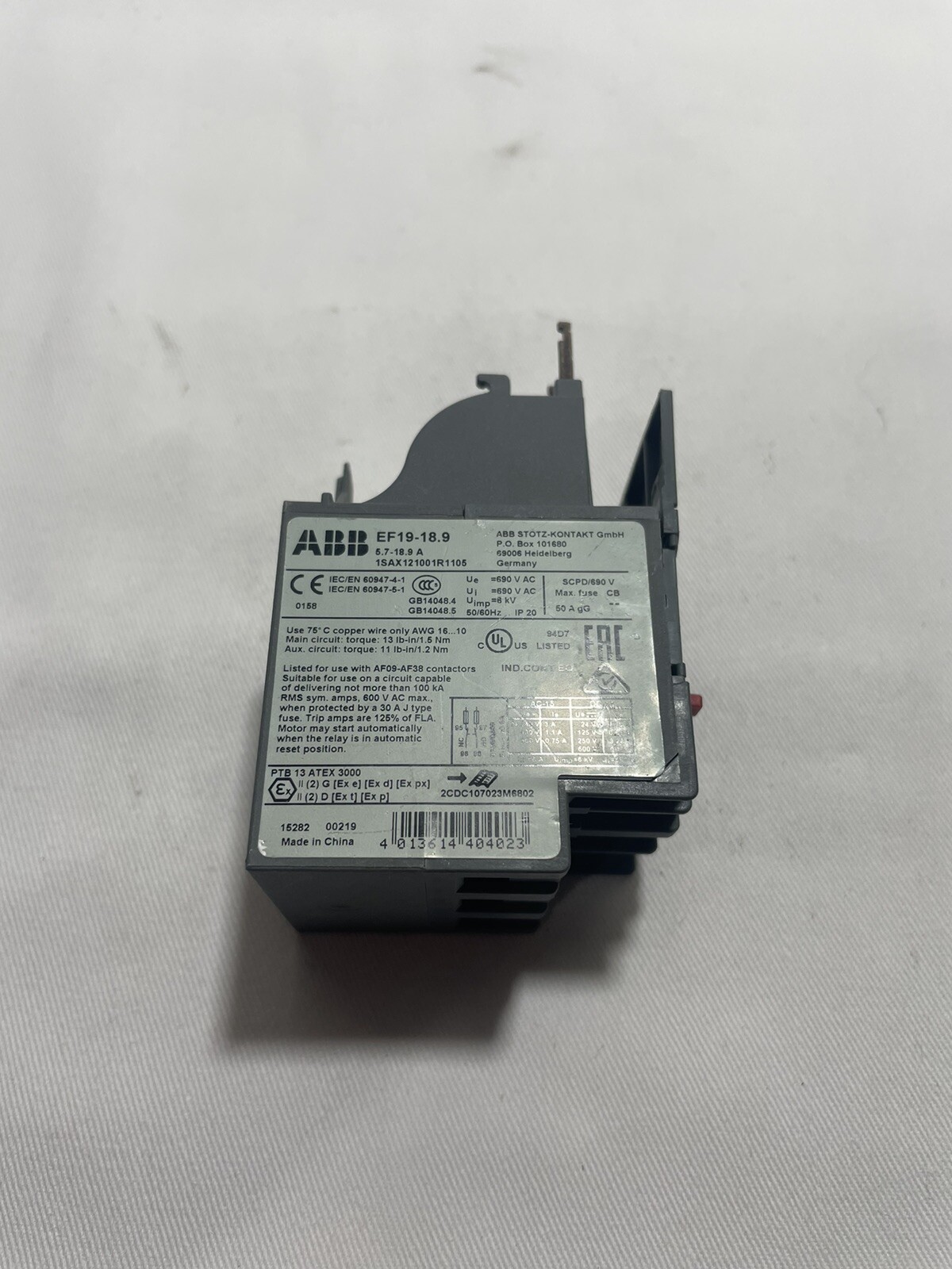 ABB EF19-18.9 Overload Relay 1SAX121001R1105