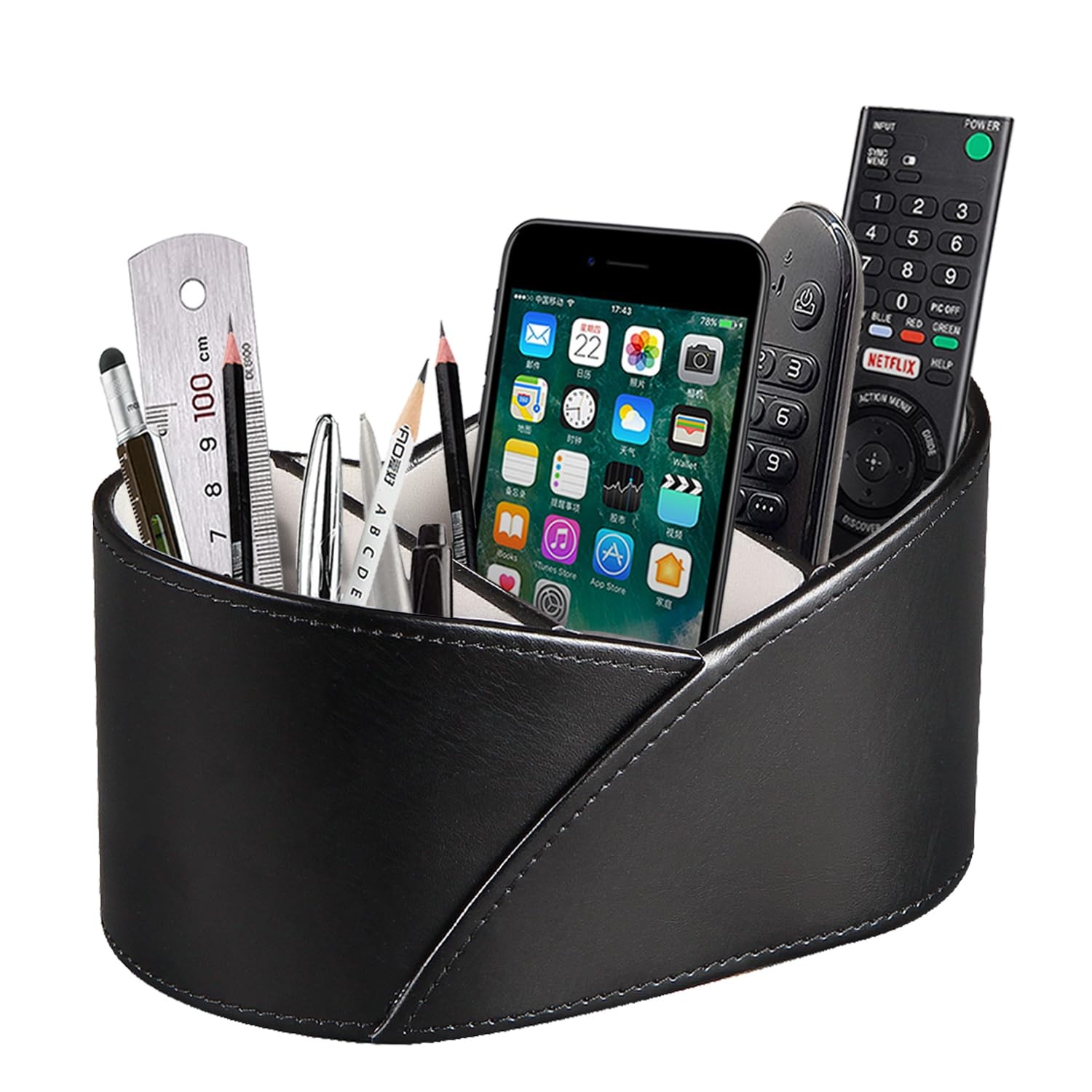 PU Leather TV Remote Control Holder with 3 Compartments, Bedside Table Black