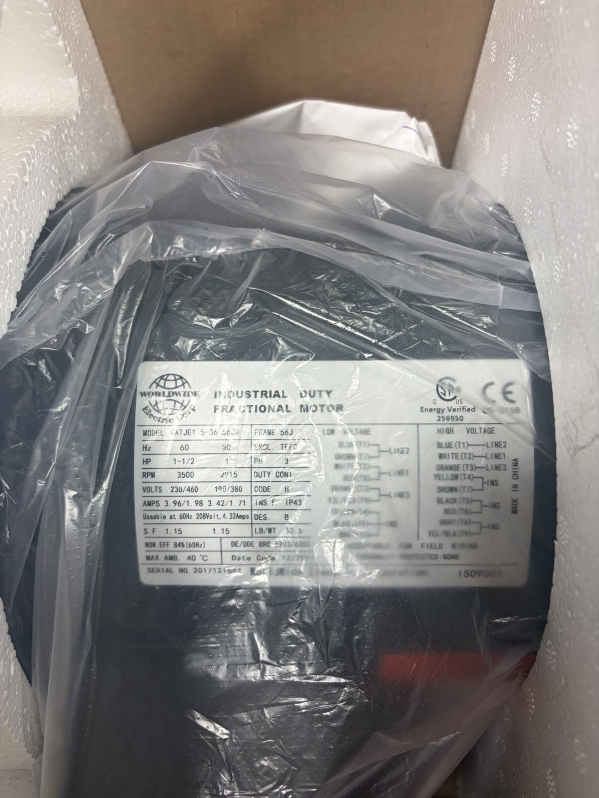 NEW WORLDWIDE ELECTRIC NATJE1.5-36-56JB 230/460V 3.96/1.71A MOTOR