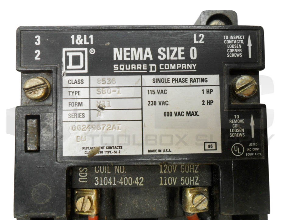 SQUARE D 8536 SBO-1 /A MOTOR STARTER W/ 31041-400-42 W/ 9999 SX-6 INTERLOCK