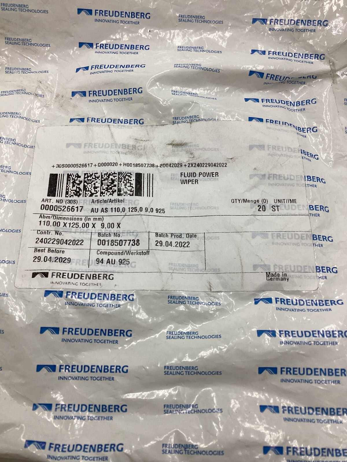 (Pack of 20) Freudenberg AU AS 110x125x9x9.25 Hydraulic Rod Wiper 0000526617