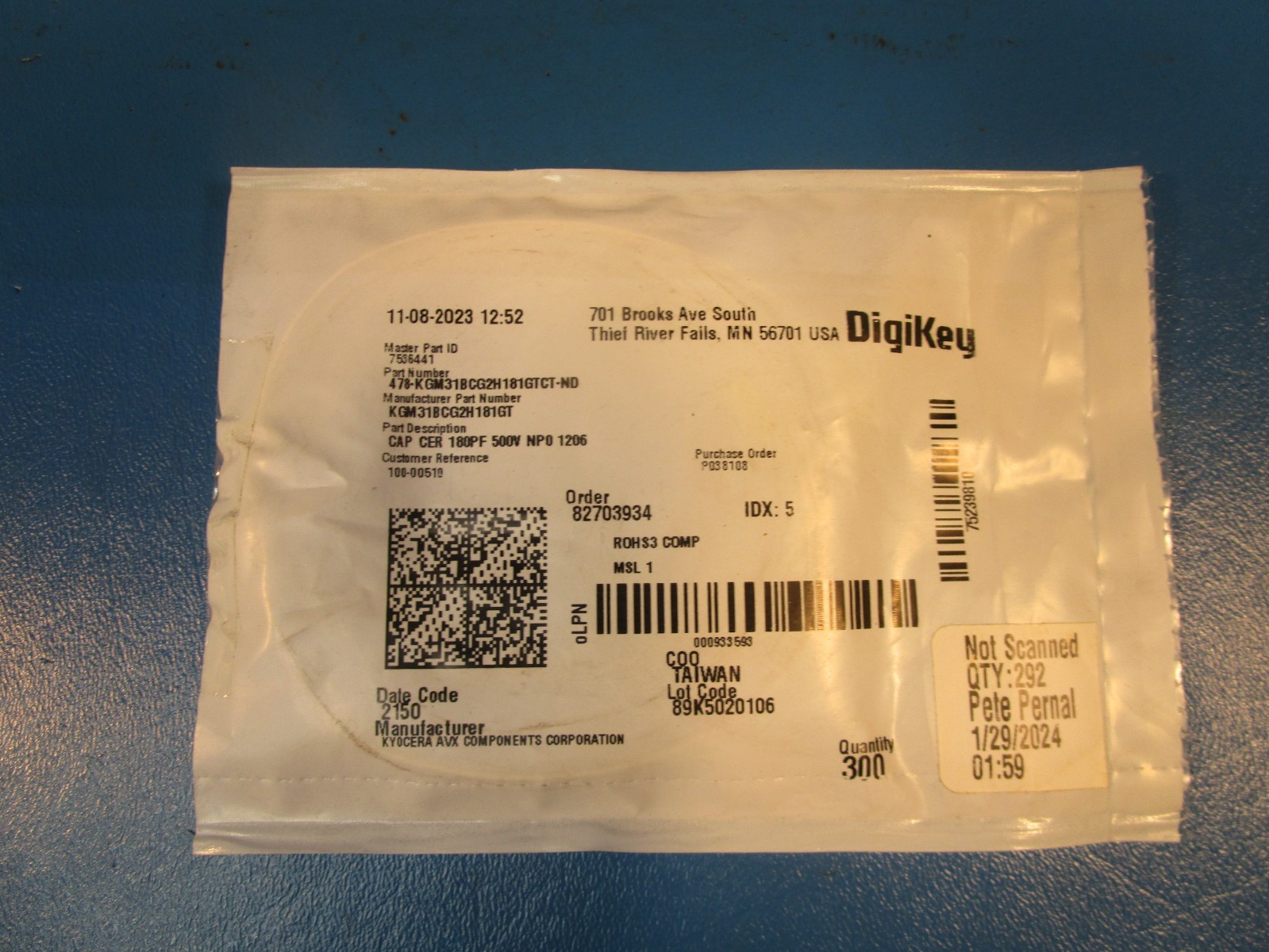 6 LOT OF 45 KYOCERA AVX KGM31BCG2H181GT, CAP, 500V Ceramic Capacitor