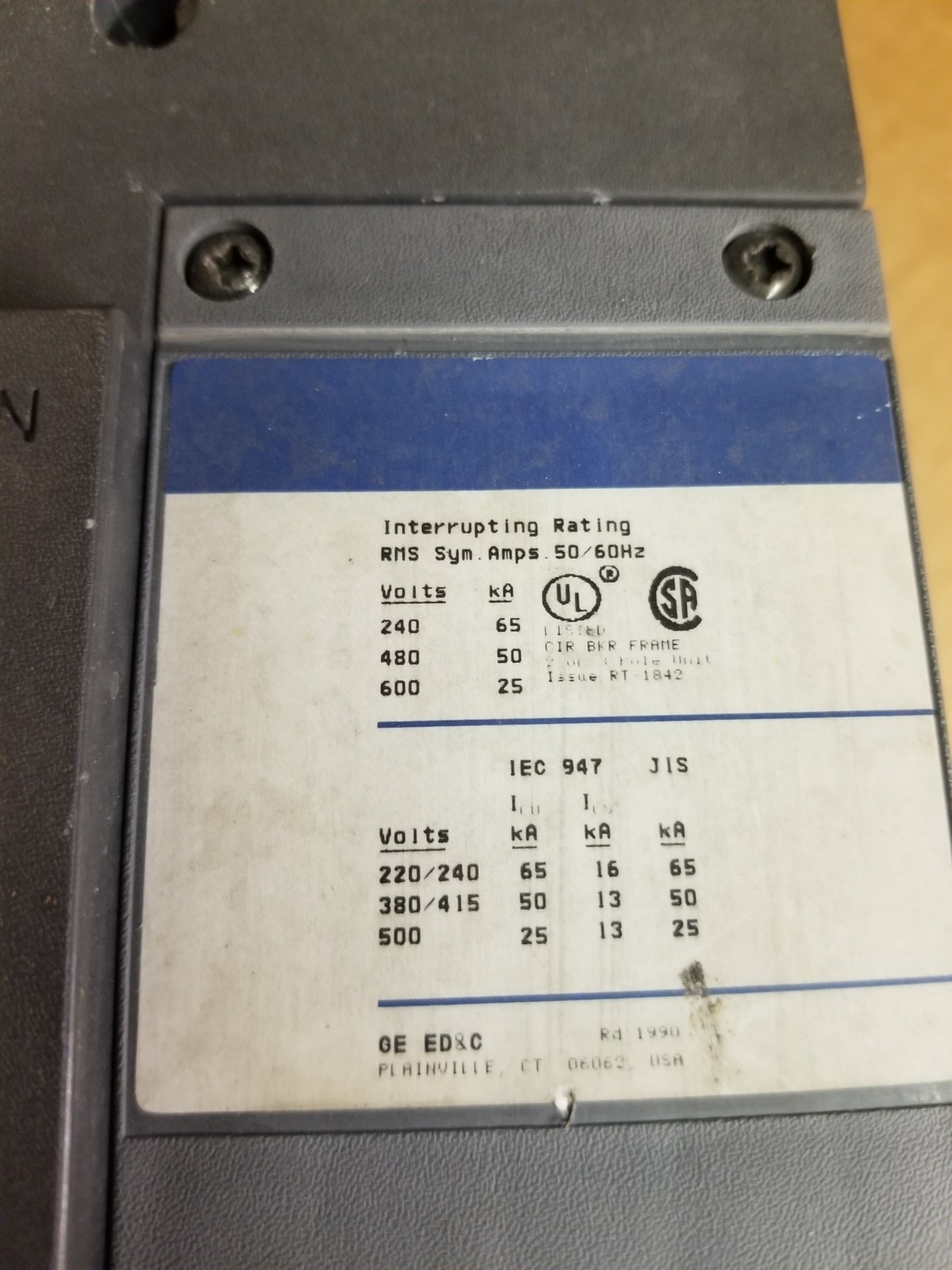 GE Spectra RMS Circuit Breaker SKHA36AT1200 Model No. 1 1200A 600VAC 52091WVS