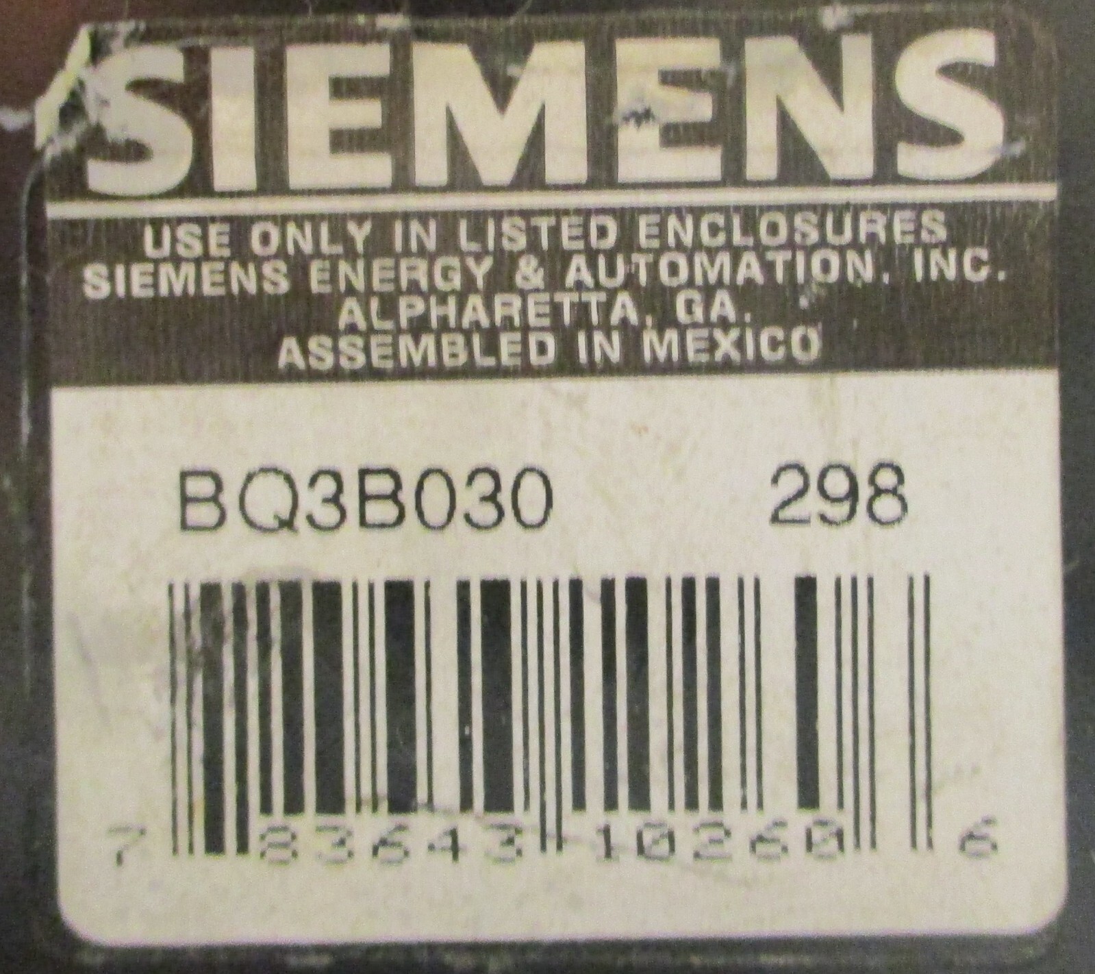 Siemens BQ3B030 Circuit Breaker 3 Pole 30A Type BQ 240VAC