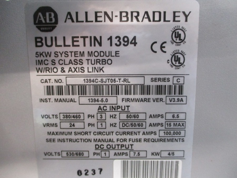 ALLEN BRADLEY 1394C-SJT05-T-RL SER. C F/W V3.9A 380/460VAC 6.5A UNMP