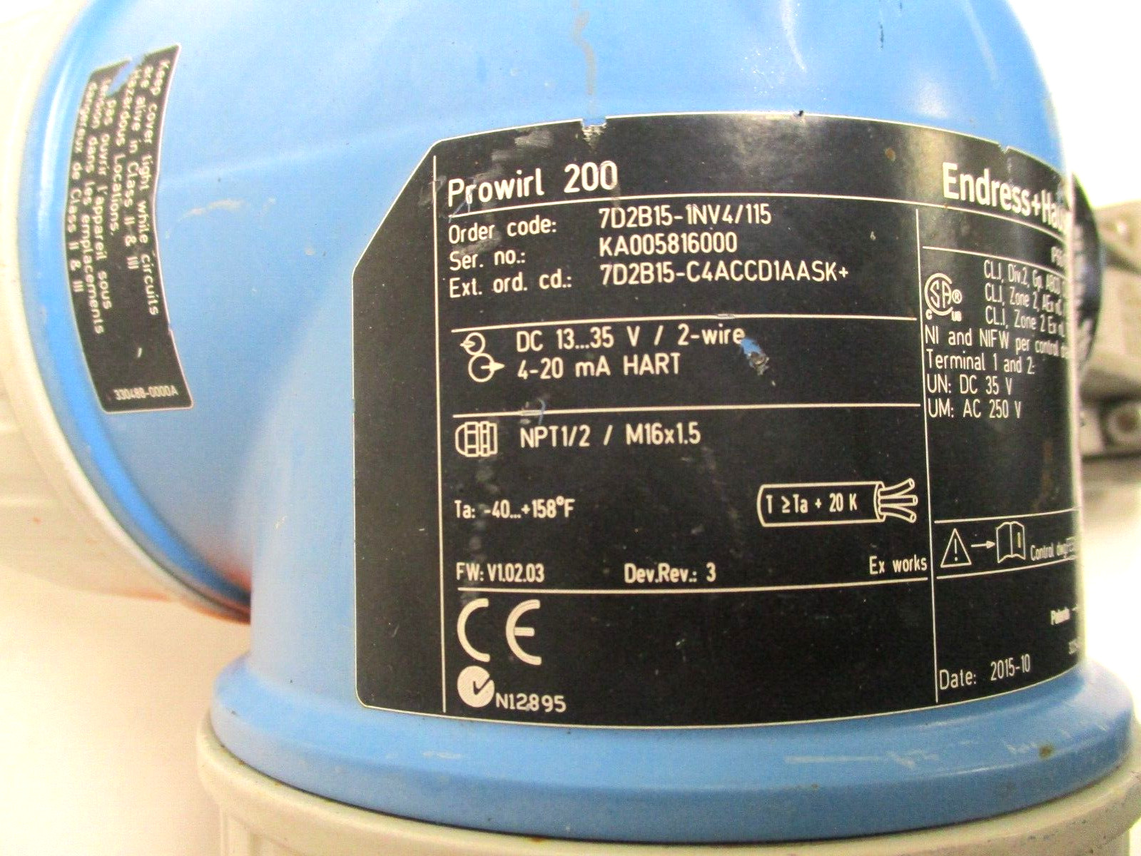 ENDRESS HAUSER 1/2″ 150 PROLINE PROWIRL-D-200 VORTEX FLOW METER, 7D2B15-1NV4