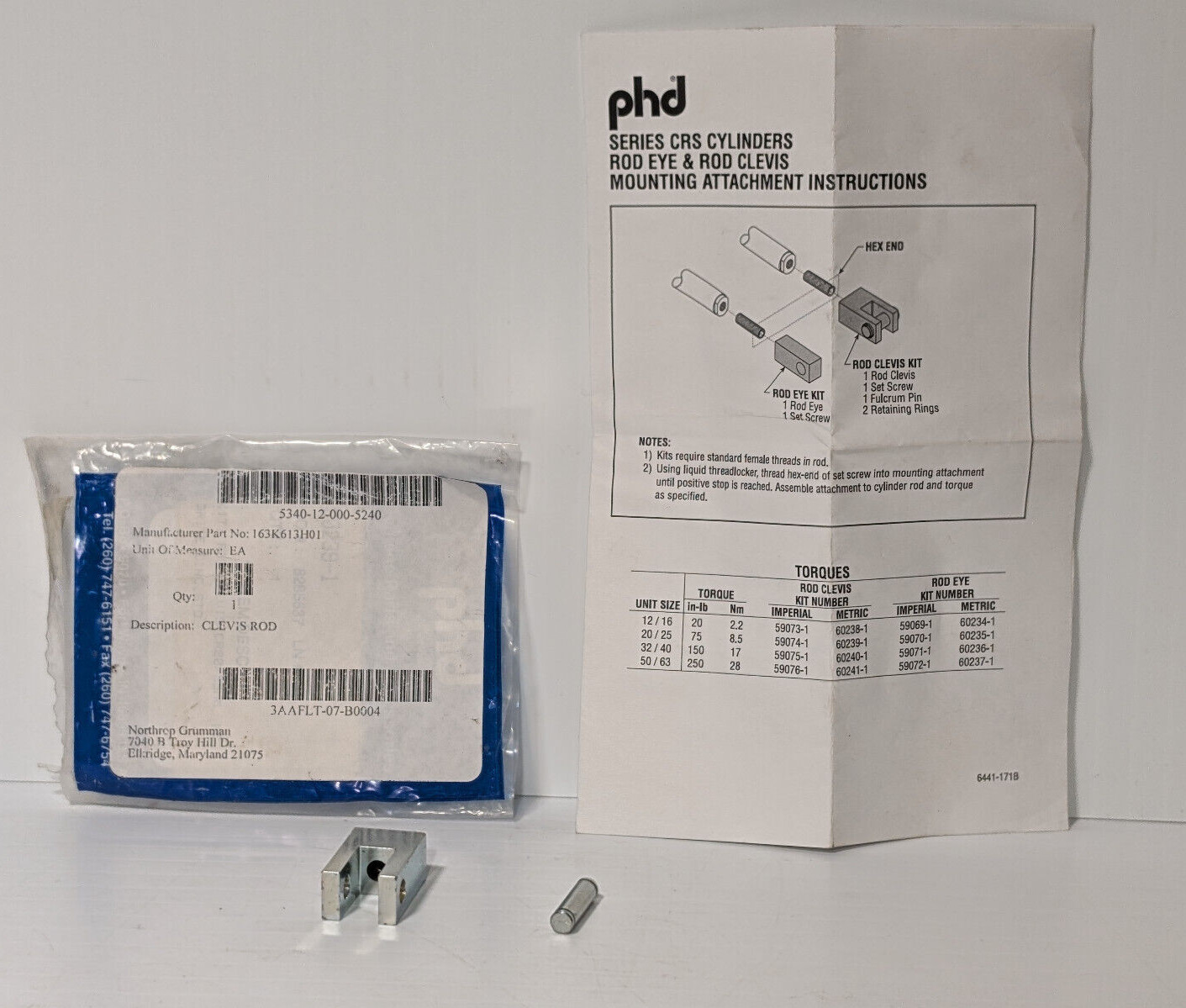 PHD Series CRS Cylinders Clevis Rod 163K613H01 and Rod Eye, Tension, Industrial