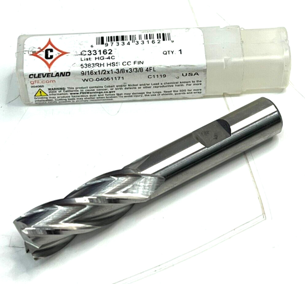 CLEVELAND C33162 END MILL 9/16″ OAL 3-3/8″ USEABLE LENGTH 1-3/8′ 4 SPIRAL FLATE