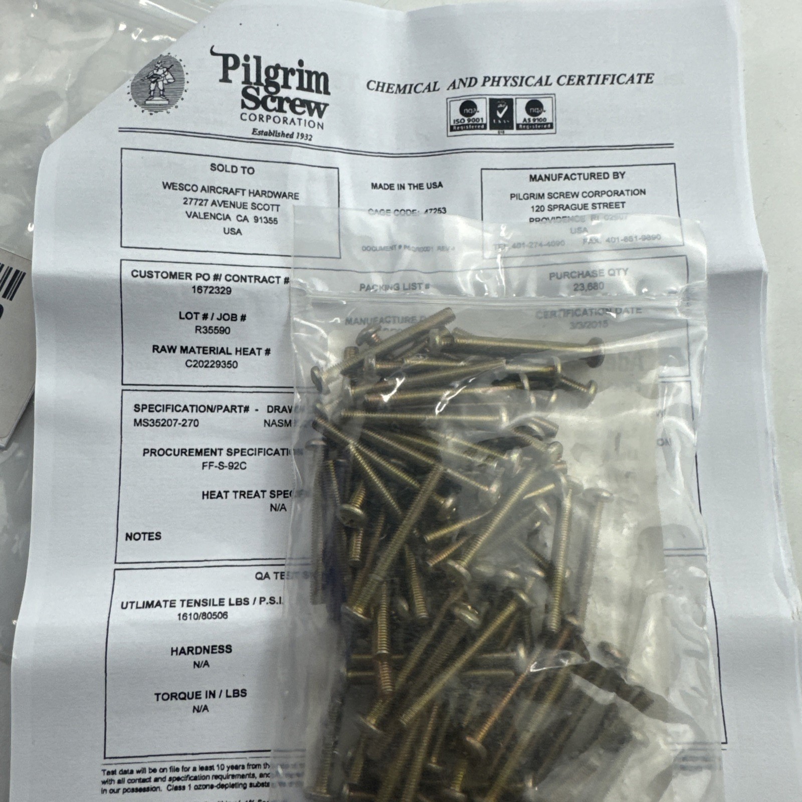 (100) MS35207-270 Screw Military 1 3/4″ Long, 10-32 Pan Head Cadmium Plated