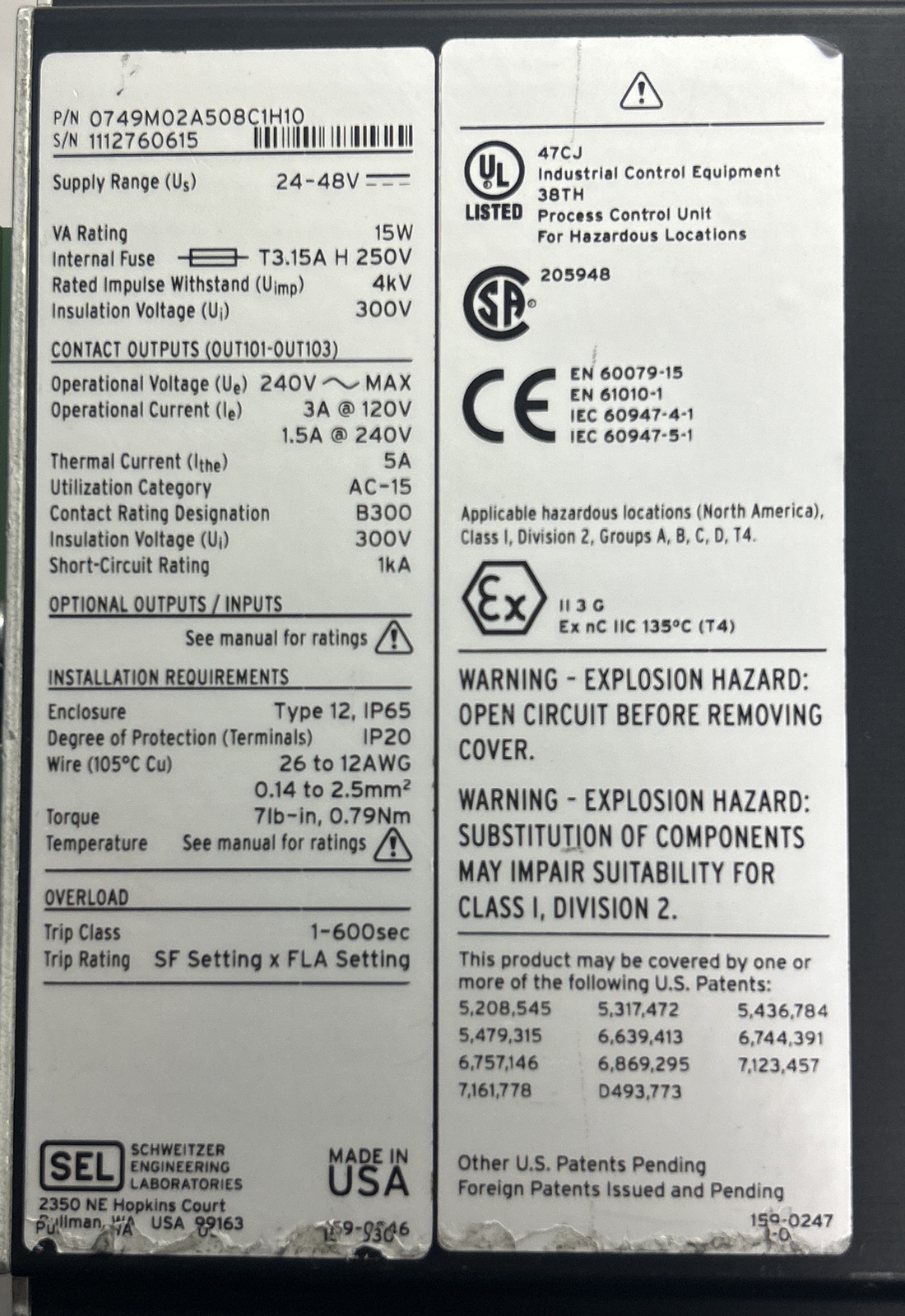 SEL,SEL-749M,MOTOR RELAY PROCESS CONTROL UNIT