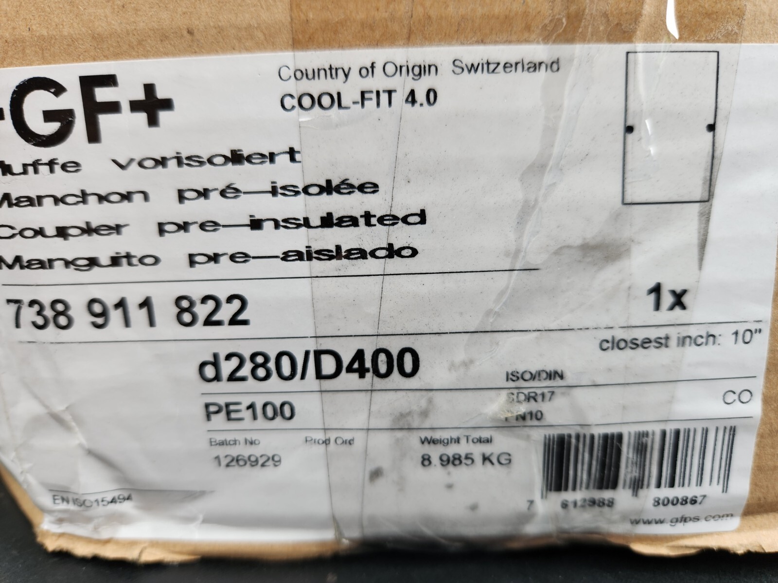 +GF+ GF COOL-FIT 4.0 sleeve, Ø280 / 400mm 176280, PE100