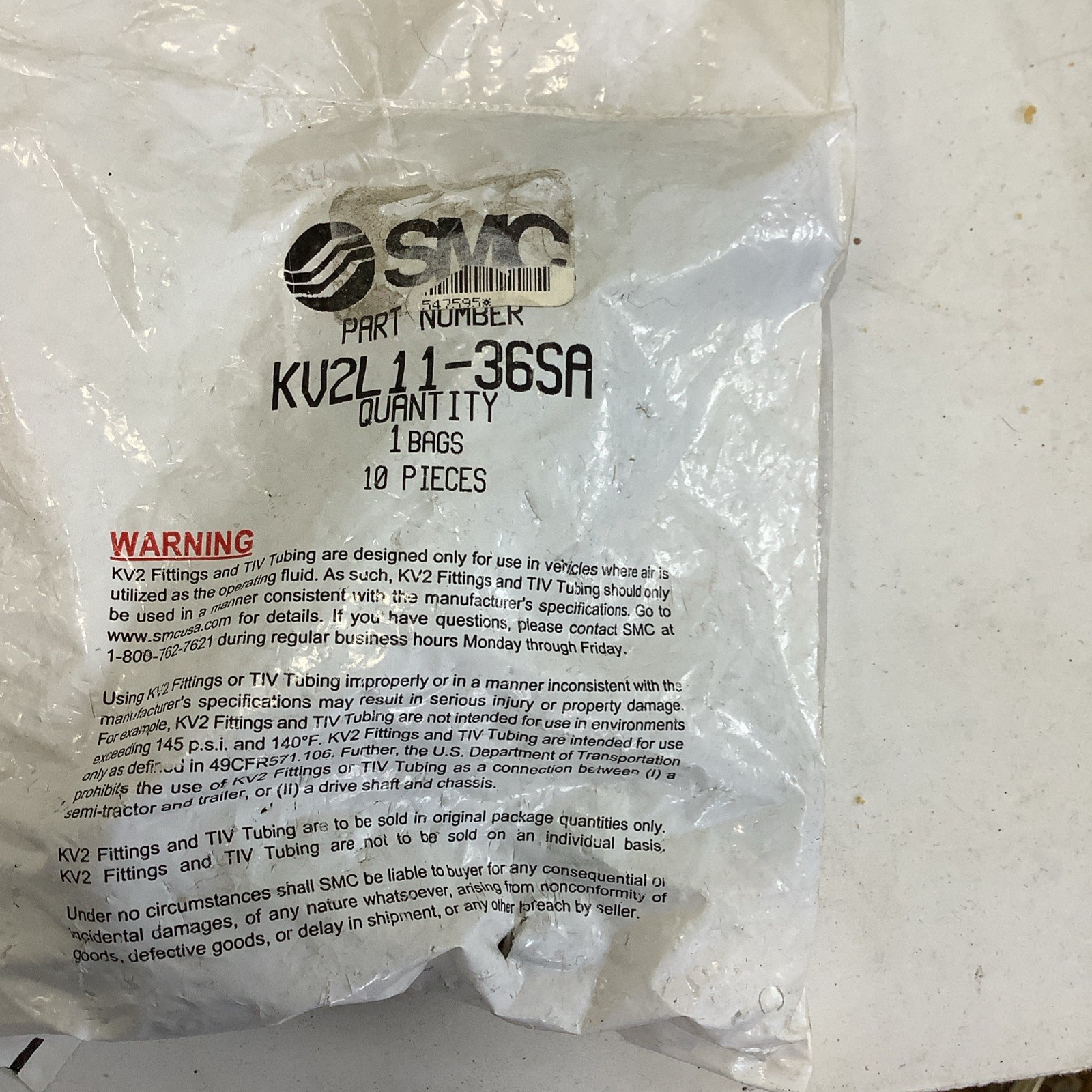 (10) SMC KV2L11-36S 3/8″ x 3/8″ DOT-A 90° Elbows