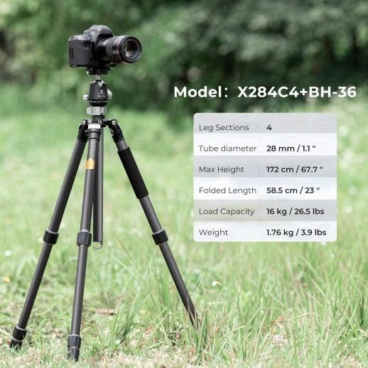 K&F̶ Concept X284C4 Carbon Fiber Tripod 68in 35.2lb Load Ball Head