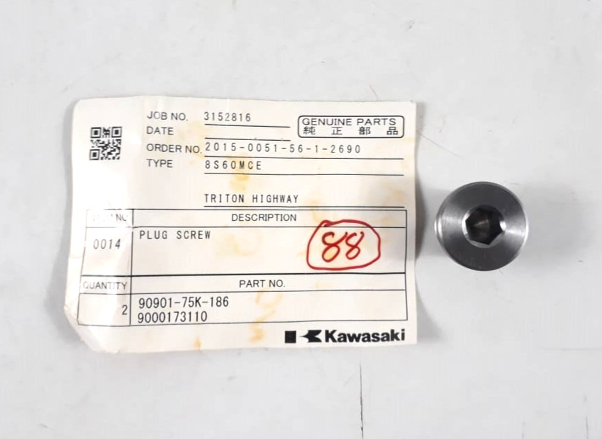 Plug Screw 90901-75K-186 9000173110 For Kawasaki 8S60MCE Genuine Parts (PACK 2)