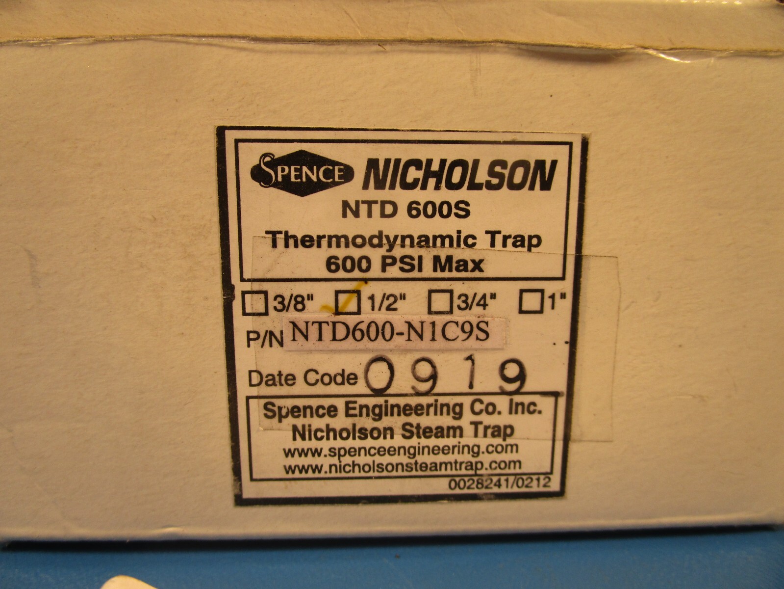 SPENCE NICHOLSON NTD600-N1C9S, 1/2″ THERMODYNAMIC TRAP, 600 PSI MAX, NTD 600S