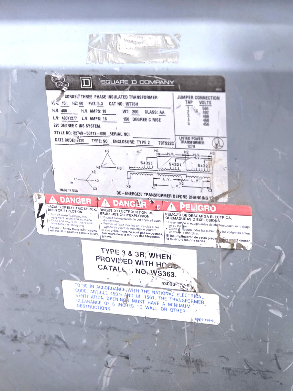 Square D 15kVA Transformer 480V to 480Y/277V 3 Phase Sorgel Type 15T76H