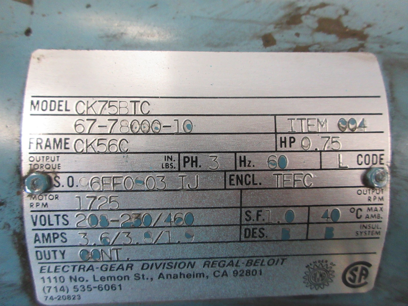 Electra-Gear Gearmotor CK75BTC 0.75HP 208-230/460V 1725RPM Motor Ratio 30:1 Used
