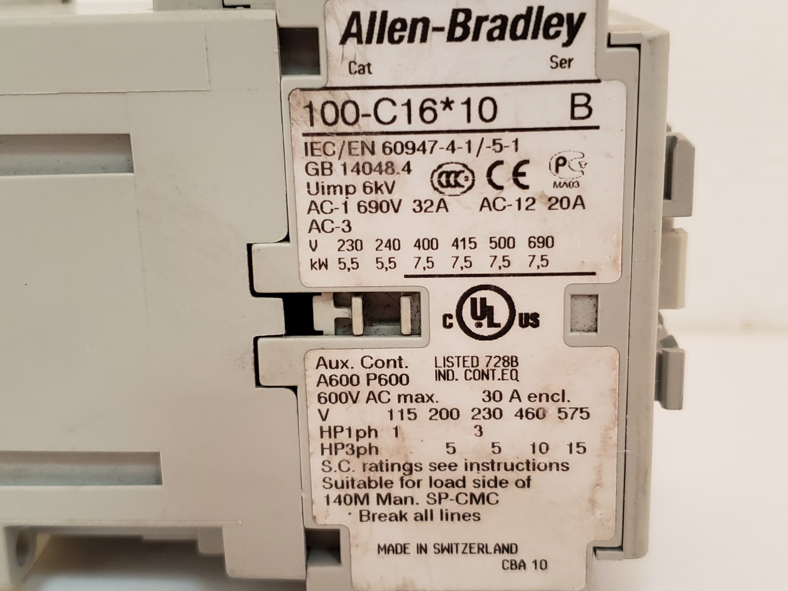 ALLEN BRADLEY 100-C16F10 CONTACTOR 220/240V 50/60HZ SERIES B