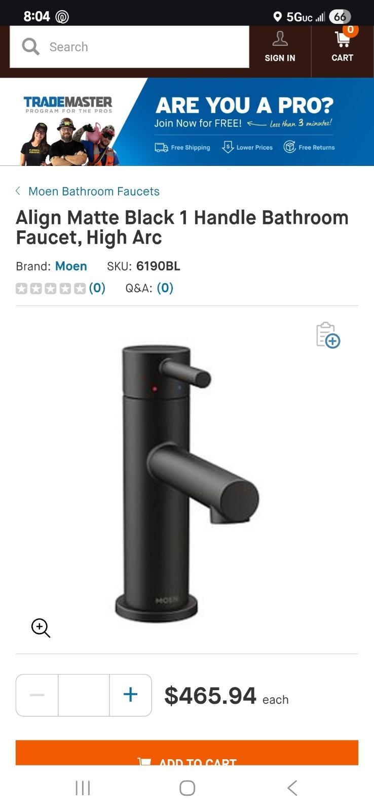Moen 6190BL Align Single Handle Monoblock Bathroom Sink Faucet in Matte Black