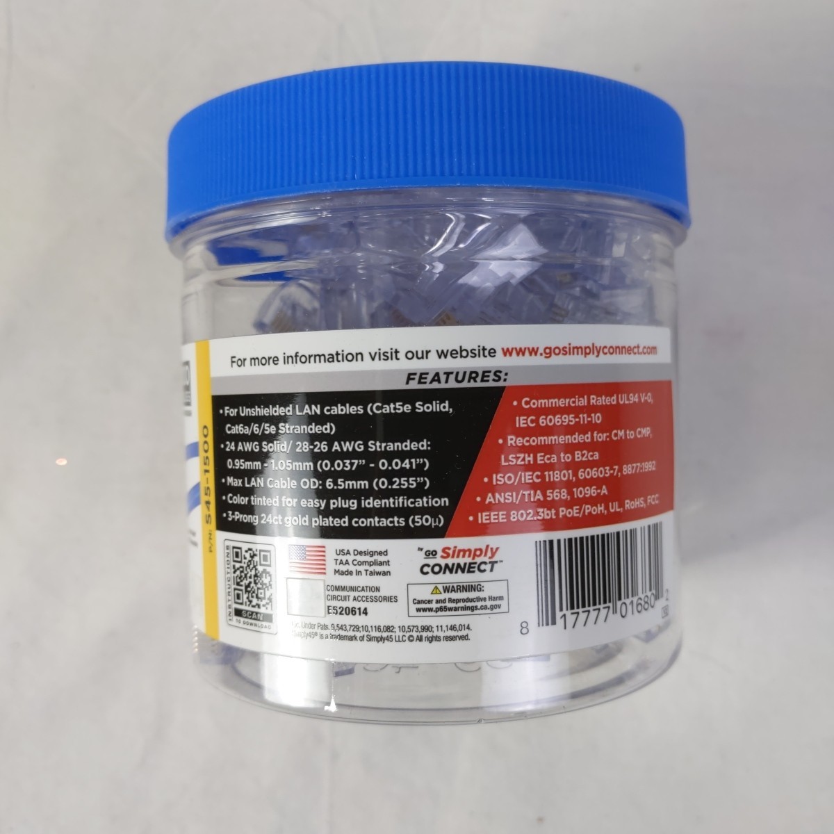 Simply45 S45-1500 Cat5E Unshielded Pass-Through RJ45 Modular Plugs 100 pc/Jar
