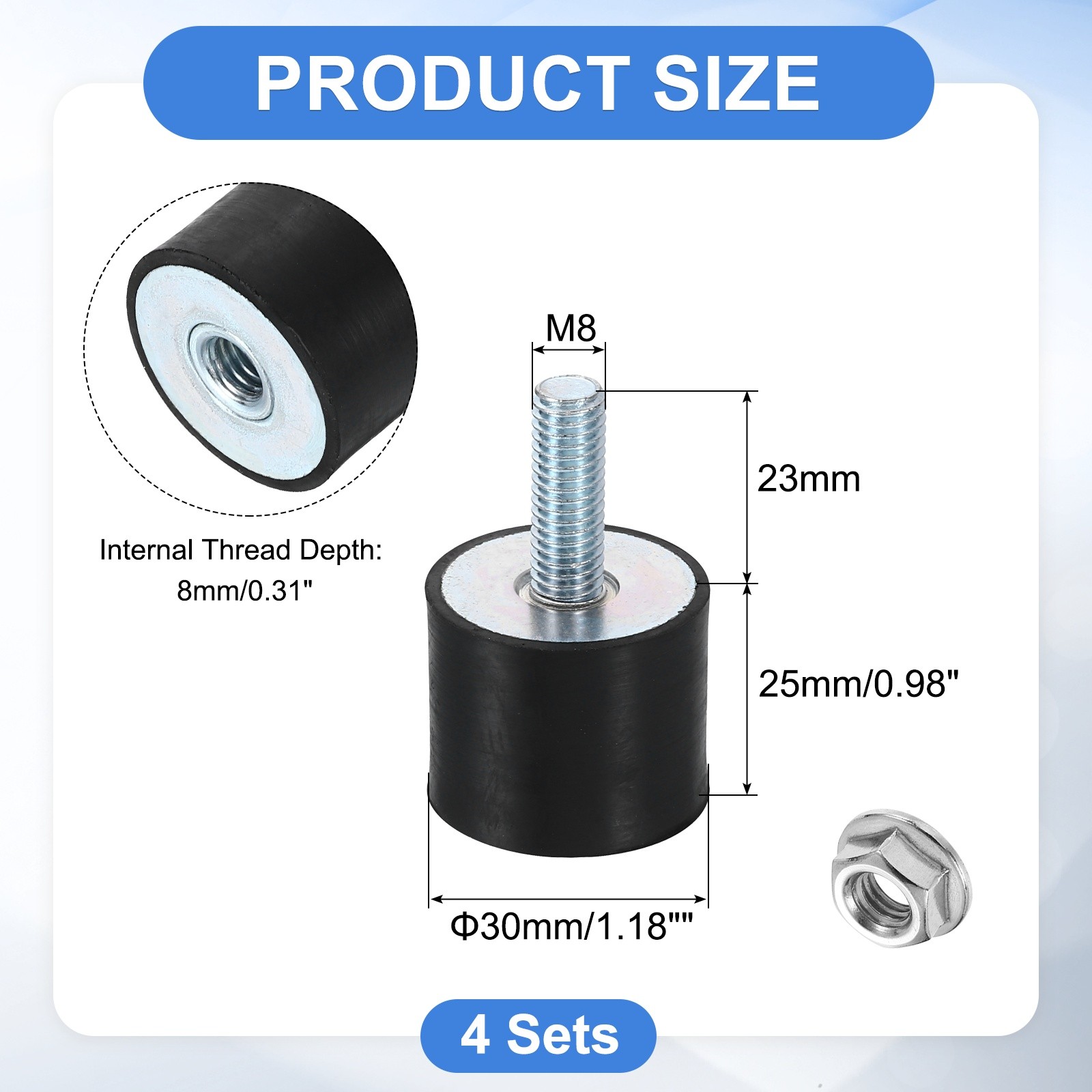 4Pcs M8x23mm Rubber Mounts 30x25mm(DxH) Rubber Shock Absorber Mount with Nuts