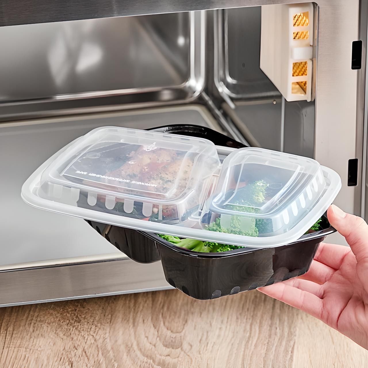 OCS Parts 150-Pack 30 OZ 2-Compartment Microwavable Black Food Prep Containers