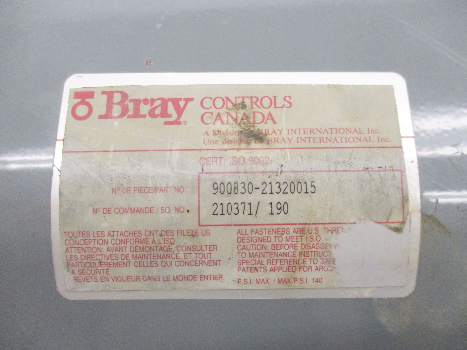 BRAY CONTROLS 900830-21320015 UNMP
