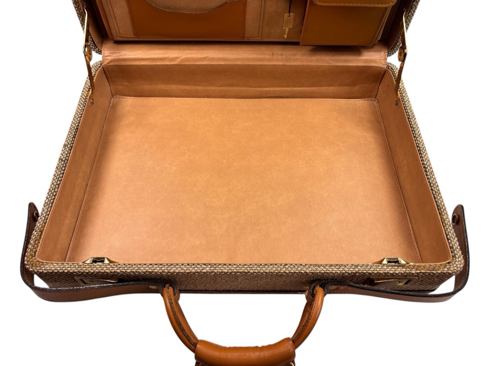 VINTAGE Jute Attaché Burlap Briefcase with Keys Leather Trim Brass Hardware