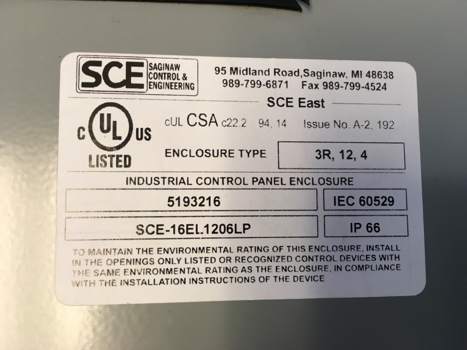 SCE 5193216 Industrial Control panel Enclosure w/Susol UTS 150N Circuit Breaker