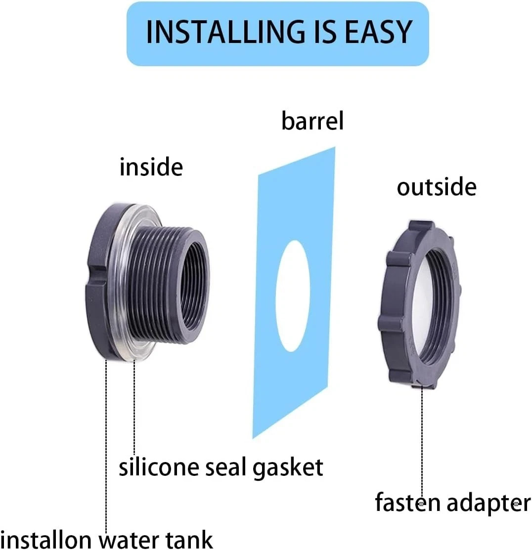 2 Pieces 3/4 Inch PVC Bulkhead Fitting for Water Barrel, Water Tank, Rain Barrel