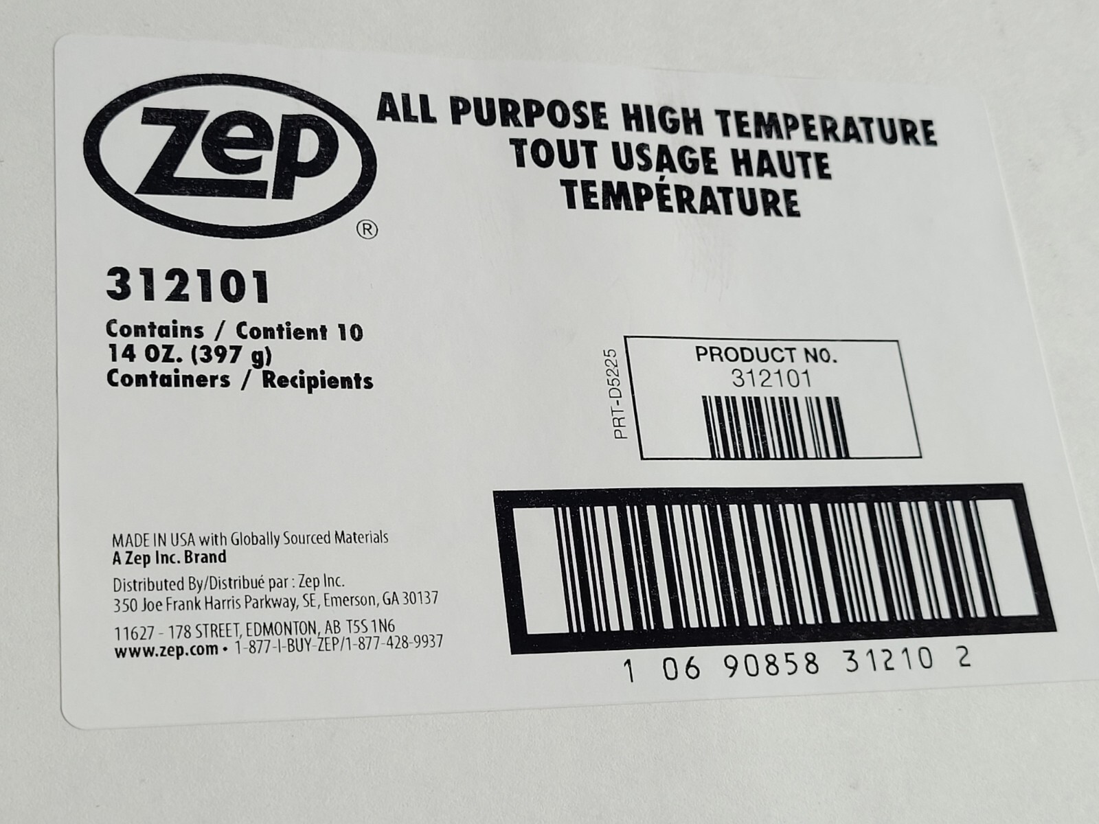 Zep 14 Oz High Temperature Grease Cartridge Green 312101 QTY 10