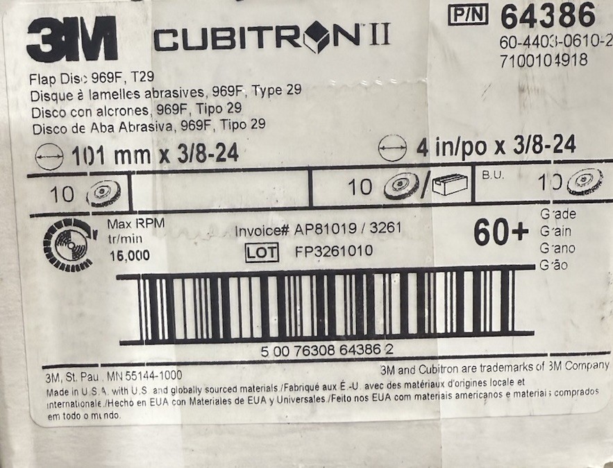 3M Cubitron II Flap Disc 969F, T29, 4 in x 3/8-24 60+ Lot Of 10 Wheels