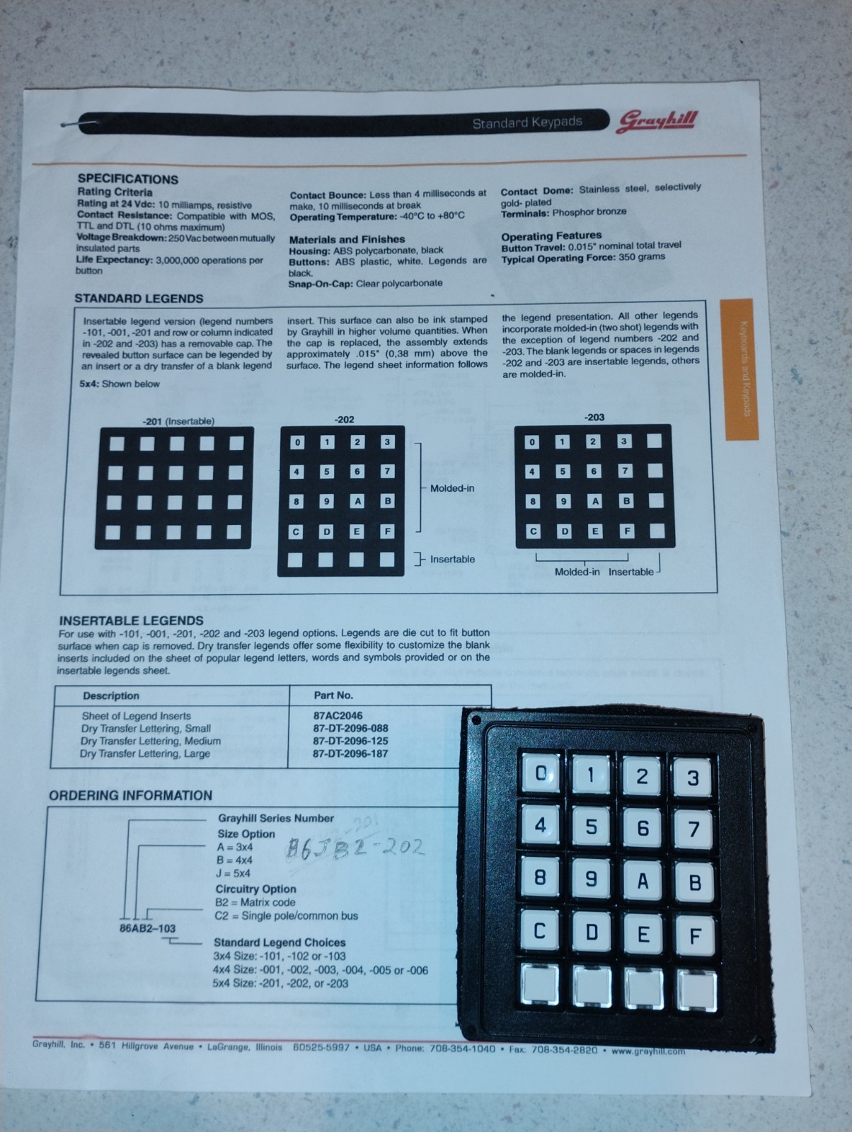 Grayhill Keypad P/N B6JB2-202 Perfect condition