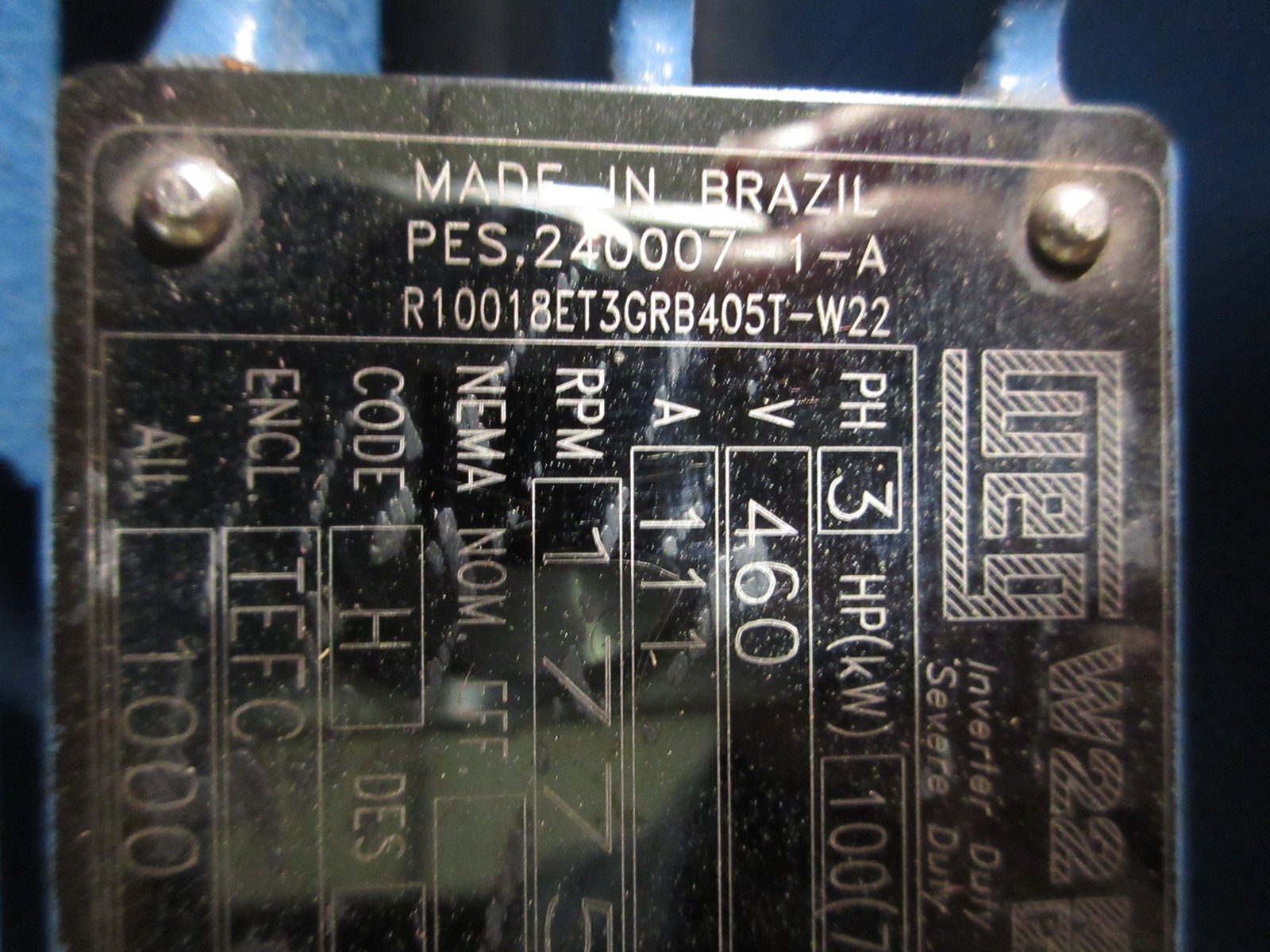 WEG Motor R10018ET3GRB405T-W22 100HP 1800RPM 460V 111A 3Ph 60Hz New Surplus