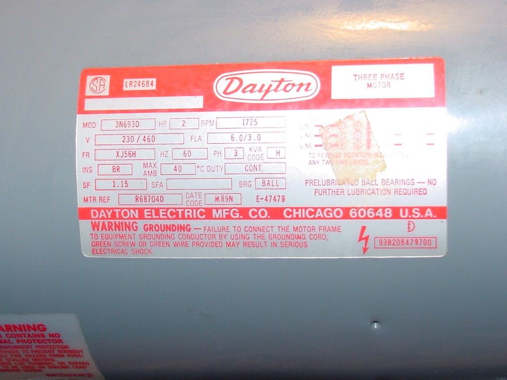 Dayton 3N693, AC Motor, 2HP, 230/460V, 1725RPM, 3 Phase, 60Hz, 58H Frame, NEW