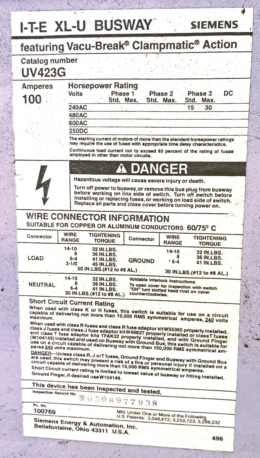 1 USED ITE XL-U UV423G FUSIBLE BUSWAY SWITCH BUS PLUG ***MAKE OFFER***