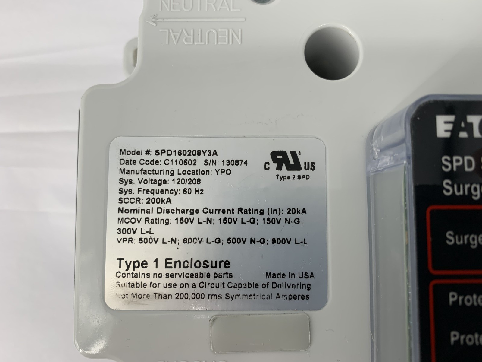 Eaton SPD160208Y3A SPD Series 160kA 120/208V Surge Protection Device SCCR 200kA